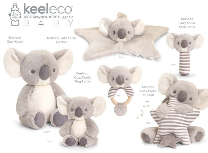 Keel Toys Keeleco Cozy Koala Stick rangle - 14cm. Super sød og miljøvenlig bamse. Lev. 1-3 hverdg. Fri fragt fra 499,-